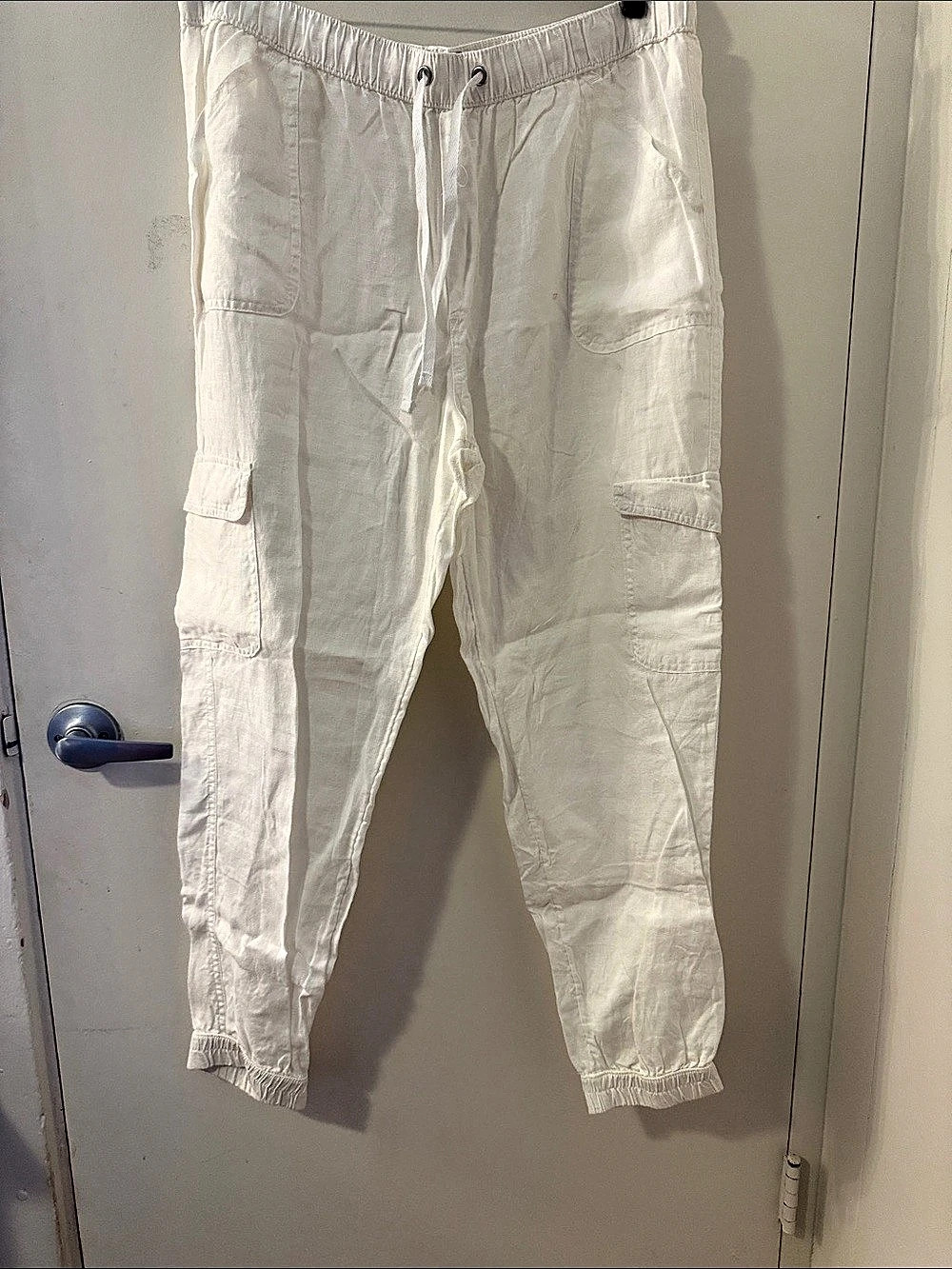 Nicole Miller Linen Cargo Jogger Pants in White Size XL Like New